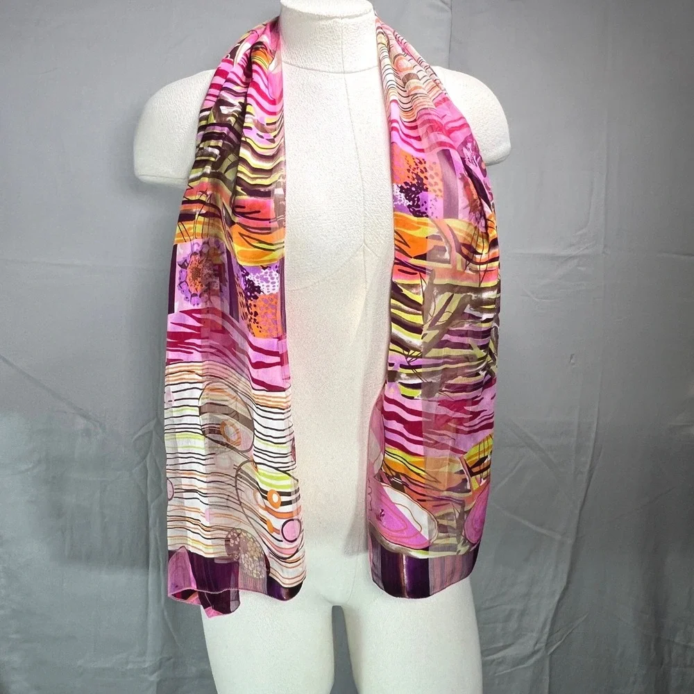 Silk Scarf Made in France Abstract Floral Print Pink Chic Eclectic Y2K Colorful - Picture 2 of 13